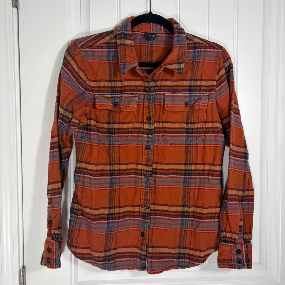 Patagonia Fjord Flannel Shirt Womens Small Orange Plaid Organic Cotton Button Up